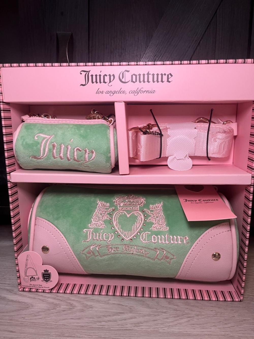 Juicy Couture Heritage Barrel Retro Green & Pink Velour 3 Piece Bag Set
